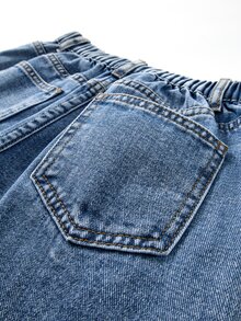 SHEIN Genkimix Kids 女童 Y2K 休閒街頭風牛仔褲，藍色破洞拼接開衩設計，寬腿版型，適合學校假期夏季穿著 - 淺色水洗藍 - 查看 7