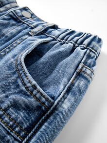 SHEIN Genkimix Kids 女童 Y2K 休閒街頭風牛仔褲，藍色破洞拼接開衩設計，寬腿版型，適合學校假期夏季穿著 - 淺色水洗藍 - 查看 5
