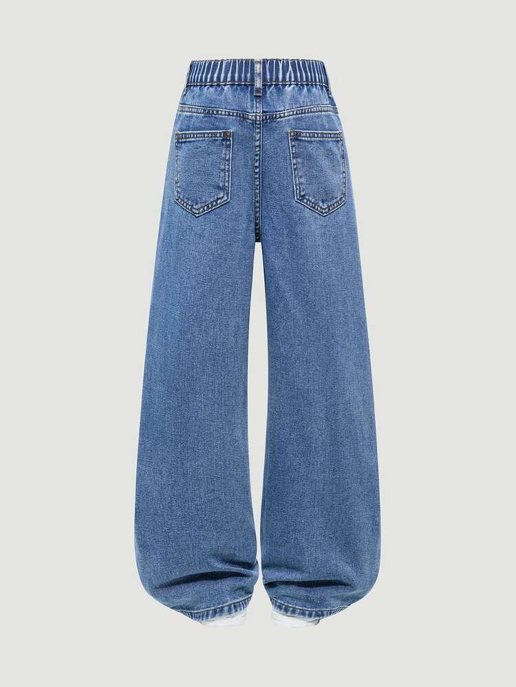 SHEIN Genkimix Kids Girls' Y2K Style Denim Jeans, Vintage Blue Distressed Denim, Patchwork Split Design, Wide Leg Fit, Fashionable Versatile, Suitable For All Seasons - Light Wash - View 2