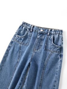SHEIN Genkimix Kids 女童 Y2K 休閒街頭風牛仔褲，藍色破洞拼接開衩設計，寬腿版型，適合學校假期夏季穿著 - 淺色水洗藍 - 查看 4
