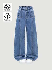 SHEIN Genkimix Kids 女童 Y2K 休閒街頭風牛仔褲，藍色破洞拼接開衩設計，寬腿版型，適合學校假期夏季穿著 - 淺色水洗藍 - 查看 3