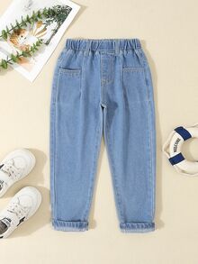 SHEIN 幼童中性街頭休閒彈性腰寬鬆工裝牛仔褲，附平口袋，秋冬款 - 中等水洗藍 - 查看 6