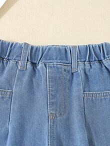 SHEIN 幼童中性街頭休閒彈性腰寬鬆工裝牛仔褲，附平口袋，秋冬款 - 中等水洗藍 - 查看 4