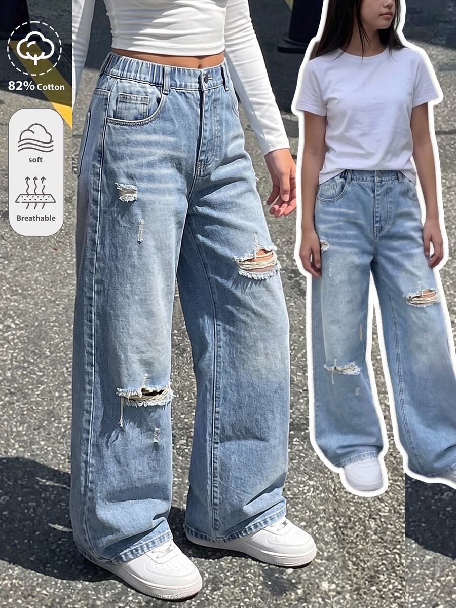 SHEIN Girls' Vintage Distressed Blue Washed Denim Jeans, Street Style Loose Fit Ripped Jeans, Autumn Winter Holiday Back To School, Elastic Waistband Button Front Casual Pants, Suitable For School, College, Daily Wear