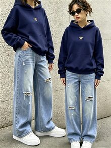 SHEIN Girls' Vintage Distressed Blue Washed Denim Jeans, Street Style Loose Fit Ripped Jeans, Autumn Winter Holiday Back To School, Elastic Waistband Button Front Casual Pants, Suitable For School, College, Daily Wear - Medium Wash - View 4