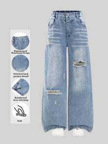 SHEIN Girls' Vintage Distressed Blue Washed Denim Jeans, Street Style Loose Fit Ripped Jeans, Autumn Winter Holiday Back To School, Elastic Waistband Button Front Casual Pants, Suitable For School, College, Daily Wear - Medium Wash - View 13
