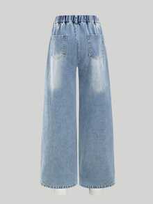 SHEIN Girls' Vintage Distressed Blue Washed Denim Jeans, Street Style Loose Fit Ripped Jeans, Autumn Winter Holiday Back To School, Elastic Waistband Button Front Casual Pants, Suitable For School, College, Daily Wear - Medium Wash - View 3