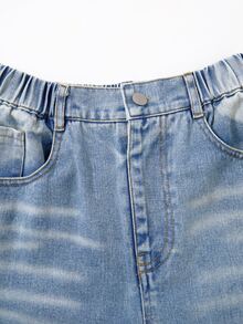 SHEIN Girls' Vintage Distressed Blue Washed Denim Jeans, Street Style Loose Fit Ripped Jeans, Autumn Winter Holiday Back To School, Elastic Waistband Button Front Casual Pants, Suitable For School, College, Daily Wear - Medium Wash - View 11