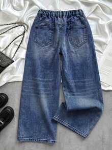 SHEIN Girls' Y2K Retro Washed High Waist Loose Wide Leg Jeans, Light Blue Wash Simple All-Match Versatile Casual Straight Leg Denim Pants Suitable For School, Campus And University Wear - Dark Wash - View 3
