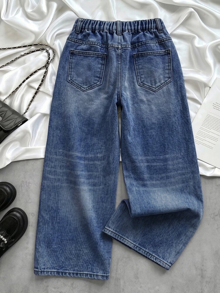 SHEIN Girls' Y2K Retro Washed High Waist Loose Wide Leg Jeans, Light Blue Wash Simple All-Match Versatile Casual Straight Leg Denim Pants Suitable For School, Campus And University Wear - Dark Wash - View 3