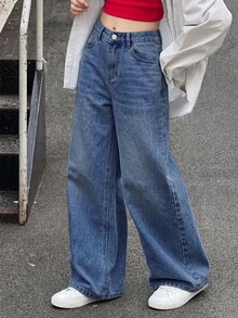 SHEIN Girls' Y2K Retro Washed High Waist Loose Wide Leg Jeans, Light Blue Wash Simple All-Match Versatile Casual Straight Leg Denim Pants Suitable For School, Campus And University Wear - Dark Wash - View 5