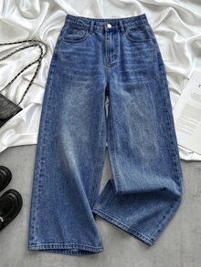 SHEIN Girls' Y2K Retro Washed High Waist Loose Wide Leg Jeans, Light Blue Wash Simple All-Match Versatile Casual Straight Leg Denim Pants Suitable For School, Campus And University Wear - Dark Wash - View 2