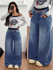 SHEIN Girls' Y2K Retro Washed High Waist Loose Wide Leg Jeans, Light Blue Wash Simple All-Match Versatile Casual Straight Leg Denim Pants Suitable For School, Campus And University Wear - Dark Wash - View 1