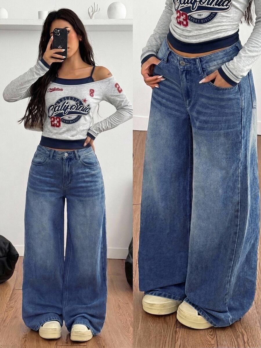 SHEIN Girls' Y2K Retro Washed High Waist Loose Wide Leg Jeans, Light Blue Wash Simple All-Match Versatile Casual Straight Leg Denim Pants Suitable For School, Campus And University Wear - Dark Wash - View 1