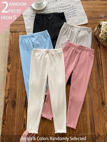SHEIN 2件隨機款 5款女童幼兒可愛柔軟羅紋針織無袖上衣與長褲套裝，象牙白、粉色、黑色，休閒日常內搭褲 - 彩色 - 查看 3