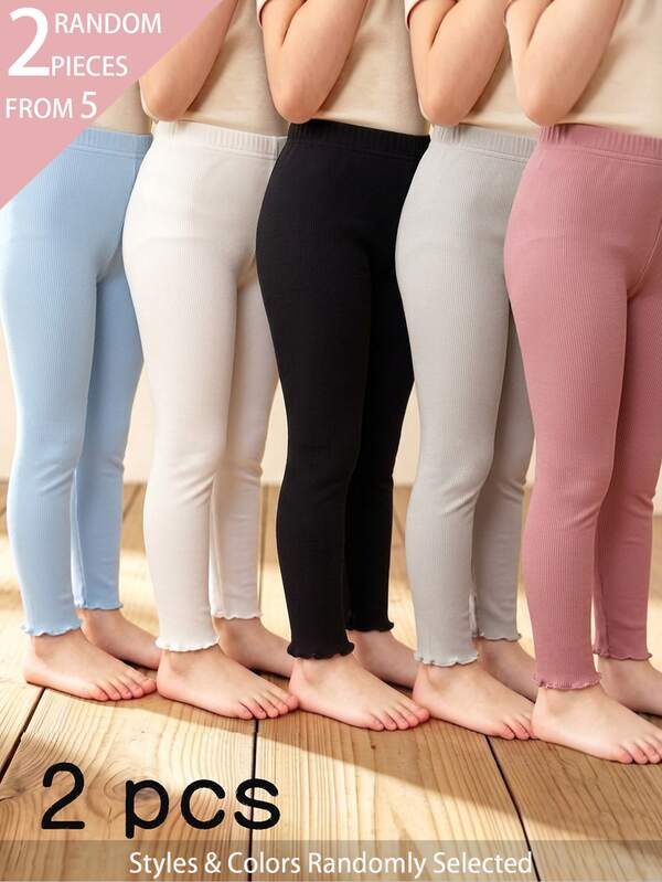 Souflis Souflis 5pcs Randomly Sent 2pcs Spring Summer All Season Girls Toddler Leggings, Blue Pink Grey Black Apricot Multi-Color Sweet Cute Versatile Soft Comfortable Ribbed Knit Ribbed Hem Multi-Piece Set