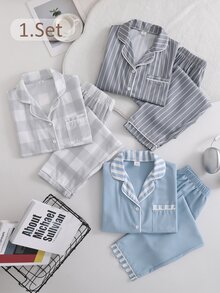 Boys' 2 Pieces Casual Loungewear Set, Striped Print Long Sleeve Button-Up Shirt With Collar And Casual Long Pants - Green - View 1