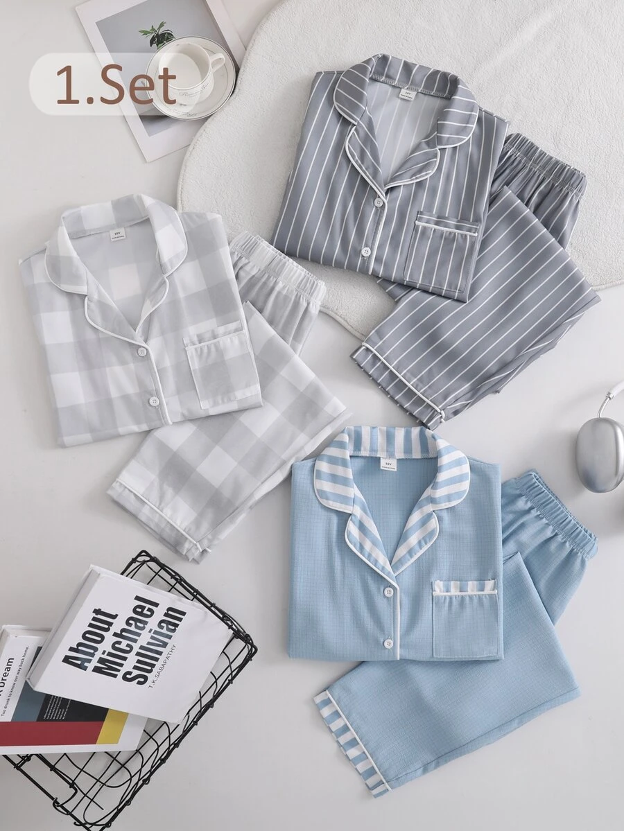Boys' 2 Pieces Casual Loungewear Set, Striped Print Long Sleeve Button-Up Shirt With Collar And Casual Long Pants - Green - View 1