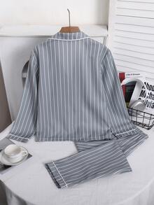 Boys' 2 Pieces Casual Loungewear Set, Striped Print Long Sleeve Button-Up Shirt With Collar And Casual Long Pants - Green - View 2