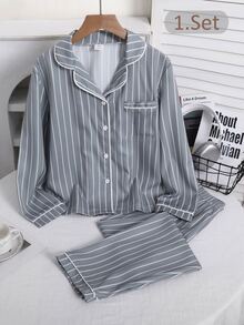 Boys' 2 Pieces Casual Loungewear Set, Striped Print Long Sleeve Button-Up Shirt With Collar And Casual Long Pants - Green - View 8