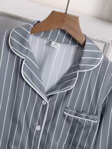 Boys' 2 Pieces Casual Loungewear Set, Striped Print Long Sleeve Button-Up Shirt With Collar And Casual Long Pants - Green - View 3