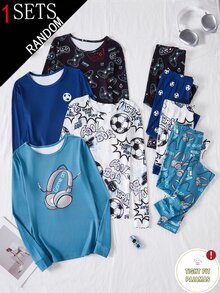 1套男童青少年遊戲足球印花長袖長褲修身居家服盲盒4合1 - 彩色 - 查看 3