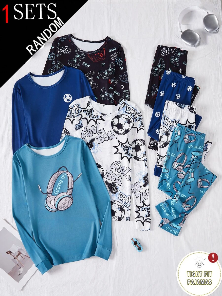 1 Set Boys' Teenager Game Football Print Long Sleeve Long Pants Snug Fit Loungewear Blind Box 4-In-1 - Multicolor - View 1