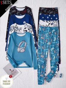 1套男童青少年遊戲足球印花長袖長褲修身居家服盲盒4合1 - 彩色 - 查看 1