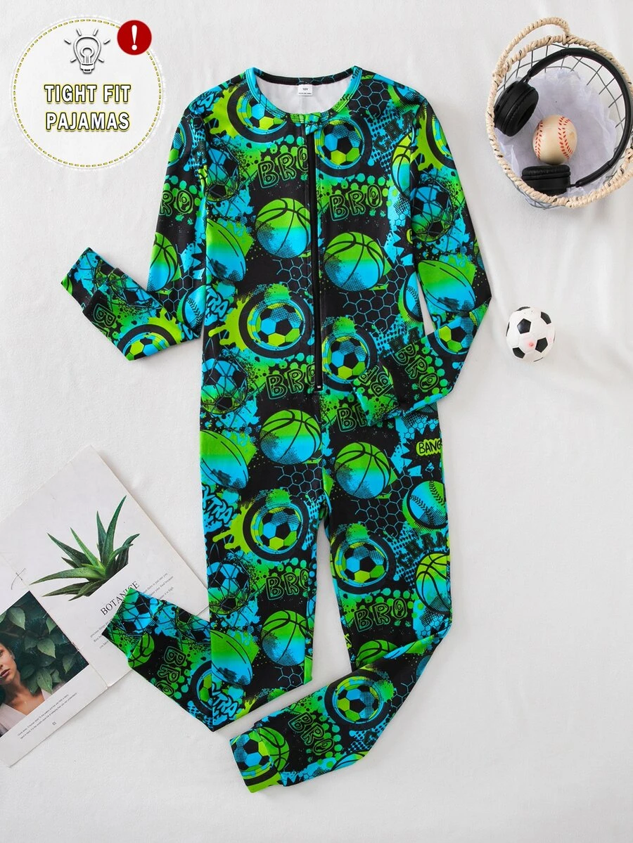 男童遊戲機螢光彩色圖案前拉鍊長袖長版連身衣 貼身居家休閒服 - 彩色 - 查看 1