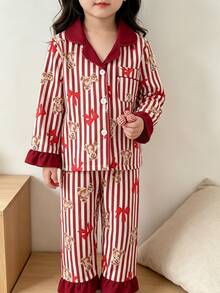 SHEIN 2件組女童幼兒迷人酒紅白條紋熊圖案長袖上衣與長褲套裝，柔軟針織舒適假日秋冬睡衣 - 紅色 - 查看 3