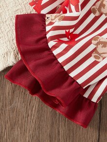 SHEIN 2件組女童幼兒迷人酒紅白條紋熊圖案長袖上衣與長褲套裝，柔軟針織舒適假日秋冬睡衣 - 紅色 - 查看 8