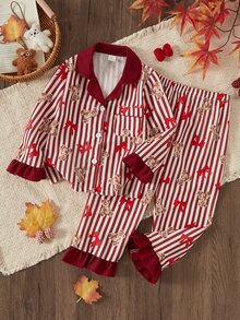 SHEIN 2件組女童幼兒迷人酒紅白條紋熊圖案長袖上衣與長褲套裝，柔軟針織舒適假日秋冬睡衣 - 紅色 - 查看 1