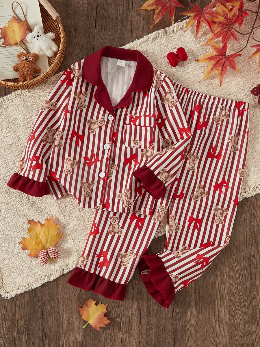 SHEIN 2件組女童幼兒迷人酒紅白條紋熊圖案長袖上衣與長褲套裝,柔軟針織舒適假日秋冬睡衣 - 紅色 - 查看 1