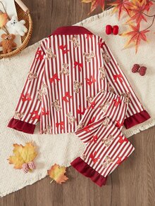 SHEIN 2件組女童幼兒迷人酒紅白條紋熊圖案長袖上衣與長褲套裝，柔軟針織舒適假日秋冬睡衣 - 紅色 - 查看 2