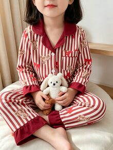 SHEIN 2件組女童幼兒迷人酒紅白條紋熊圖案長袖上衣與長褲套裝，柔軟針織舒適假日秋冬睡衣 - 紅色 - 查看 6
