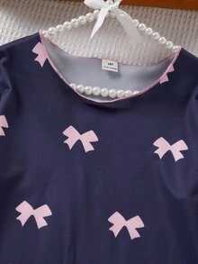 Genkimix Kids 2套女童可愛海軍藍蝴蝶結與白色櫻桃印花短袖長褲舒適滑順布料假日睡衣 秋冬居家服 - 彩色 - 查看 5