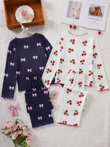 Genkimix Kids 2套女童可愛海軍藍蝴蝶結與白色櫻桃印花短袖長褲舒適滑順布料假日睡衣 秋冬居家服 - 彩色 - 查看 2