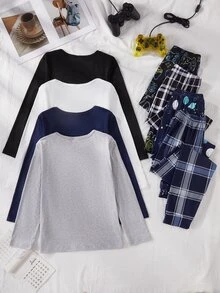 SHEIN 2件組大童男孩圓領長袖上衣與長褲套裝，海軍藍格紋卡通圖案，舒適輕盈針織秋冬睡衣 - 彩色 - 查看 2