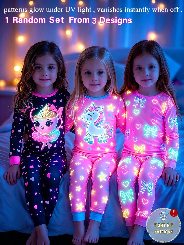 1 Set Girls Toddler Sweet Cute Casual Daily Skin-Friendly Knitted High Elastic Tight Fabric Dreamy Multicolor Unicorn Coffee Bow Cartoon Glow-In-The-Dark Print UV Shines Round Neck Long Sleeve Top And Pants Pajama Set Homewear 2-Piece Set - Multicolor - View 1