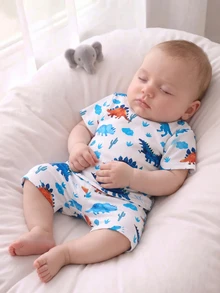 [Random 5pcs/1pc]Blue-Toned Playful Pattern All-Over Print, Baby Boy Spring/Summer Tight Pajama Set, Round Neck Short Sleeve Shorts, Dinosaur Shark Pattern, Astronaut Pattern, Comfortable Soft Skin-Friendly Fabric, Spring/Summer Multi-Piece Set Suitable For Beach Travel And Home Wear, Blue Green Clear Summer Pajama Set, Skin-Friendly Soft High Elastic Fabric Suitable For Activities - Multicolor - View 6