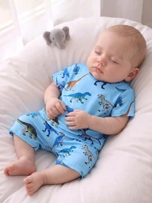 [Random 5pcs/1pc]Blue-Toned Playful Pattern All-Over Print, Baby Boy Spring/Summer Tight Pajama Set, Round Neck Short Sleeve Shorts, Dinosaur Shark Pattern, Astronaut Pattern, Comfortable Soft Skin-Friendly Fabric, Spring/Summer Multi-Piece Set Suitable For Beach Travel And Home Wear, Blue Green Clear Summer Pajama Set, Skin-Friendly Soft High Elastic Fabric Suitable For Activities - Multicolor - View 4