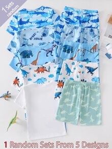 [Random 5pcs/1pc]Blue-Toned Playful Pattern All-Over Print, Baby Boy Spring/Summer Tight Pajama Set, Round Neck Short Sleeve Shorts, Dinosaur Shark Pattern, Astronaut Pattern, Comfortable Soft Skin-Friendly Fabric, Spring/Summer Multi-Piece Set Suitable For Beach Travel And Home Wear, Blue Green Clear Summer Pajama Set, Skin-Friendly Soft High Elastic Fabric Suitable For Activities - Multicolor - View 2