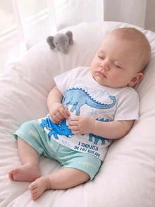 [Random 5pcs/1pc]Blue-Toned Playful Pattern All-Over Print, Baby Boy Spring/Summer Tight Pajama Set, Round Neck Short Sleeve Shorts, Dinosaur Shark Pattern, Astronaut Pattern, Comfortable Soft Skin-Friendly Fabric, Spring/Summer Multi-Piece Set Suitable For Beach Travel And Home Wear, Blue Green Clear Summer Pajama Set, Skin-Friendly Soft High Elastic Fabric Suitable For Activities - Multicolor - View 7