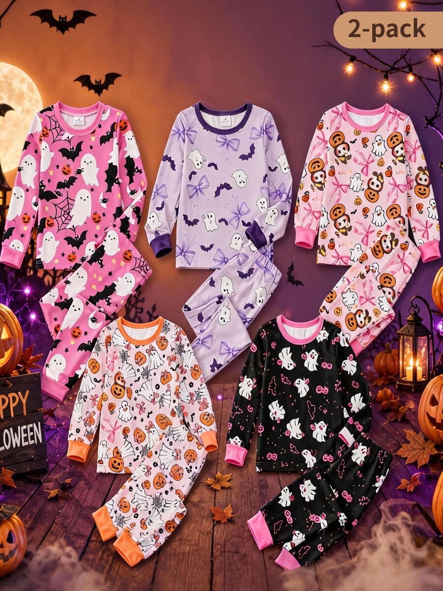 SHEIN 女童萬聖節風格時尚可愛卡通蝴蝶結幽靈南瓜印花組合針織高貼身睡衣,黑色秋季仙女風,適合生日新娘 - 彩色 - 查看 1