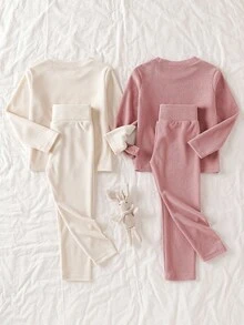 SHEIN Toddler Girls Thermal Underwear Set Soft Ribbed Knit Long Sleeve Top And Pants 2-Piece Waffle Autumn Winter Warm Base Layer Outfits - Multicolor - View 3