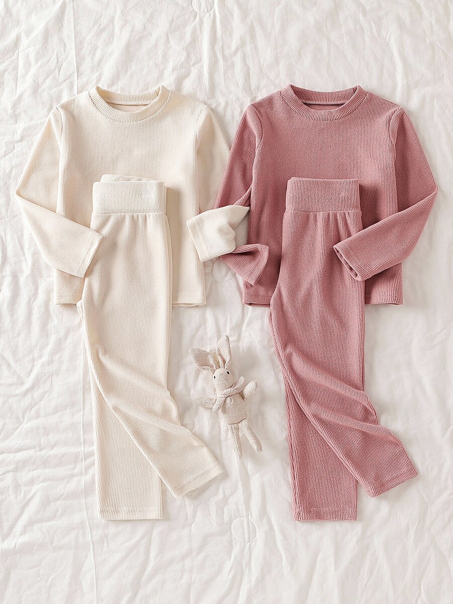 SHEIN Toddler Girls Thermal Underwear Set Soft Ribbed Knit Long Sleeve Top And Pants 2-Piece Waffle Autumn Winter Warm Base Layer Outfits