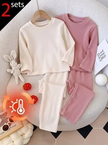 SHEIN Toddler Girls Thermal Underwear Set Soft Ribbed Knit Long Sleeve Top And Pants 2-Piece Waffle Autumn Winter Warm Base Layer Outfits - Multicolor - View 4