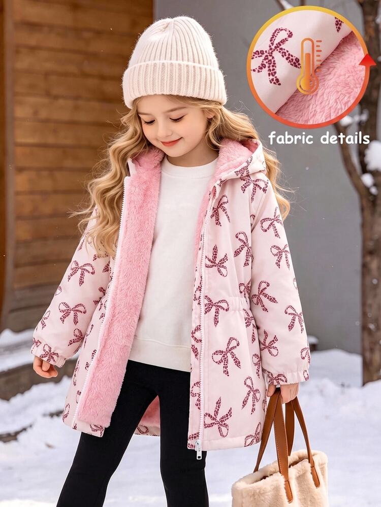 SHEIN Toddler Girls Polyester Hooded Long Sleeve Botanical Zip Pocket Regular Loose Fit Fleece Lined Jacket Winter Multicolor - Multicolor - View 3