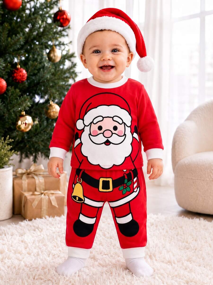 SHEIN Playful Pals 2件組 幼兒男童女童可愛聖誕老人圖案印花聖誕套裝,長袖圓領上衣與 - 彩色 - 查看 1