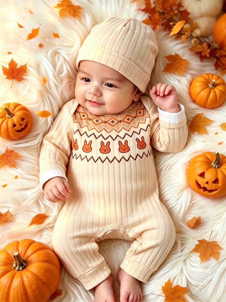 SHEIN 2pcs Newborn Girl Romper Beanie Set Cute Beige Orange Rabbit Fair Isle Rib Long Sleeve Round Neck Regular Photography Fall Winter Cozy Princess Snaps - Yellow - View 11